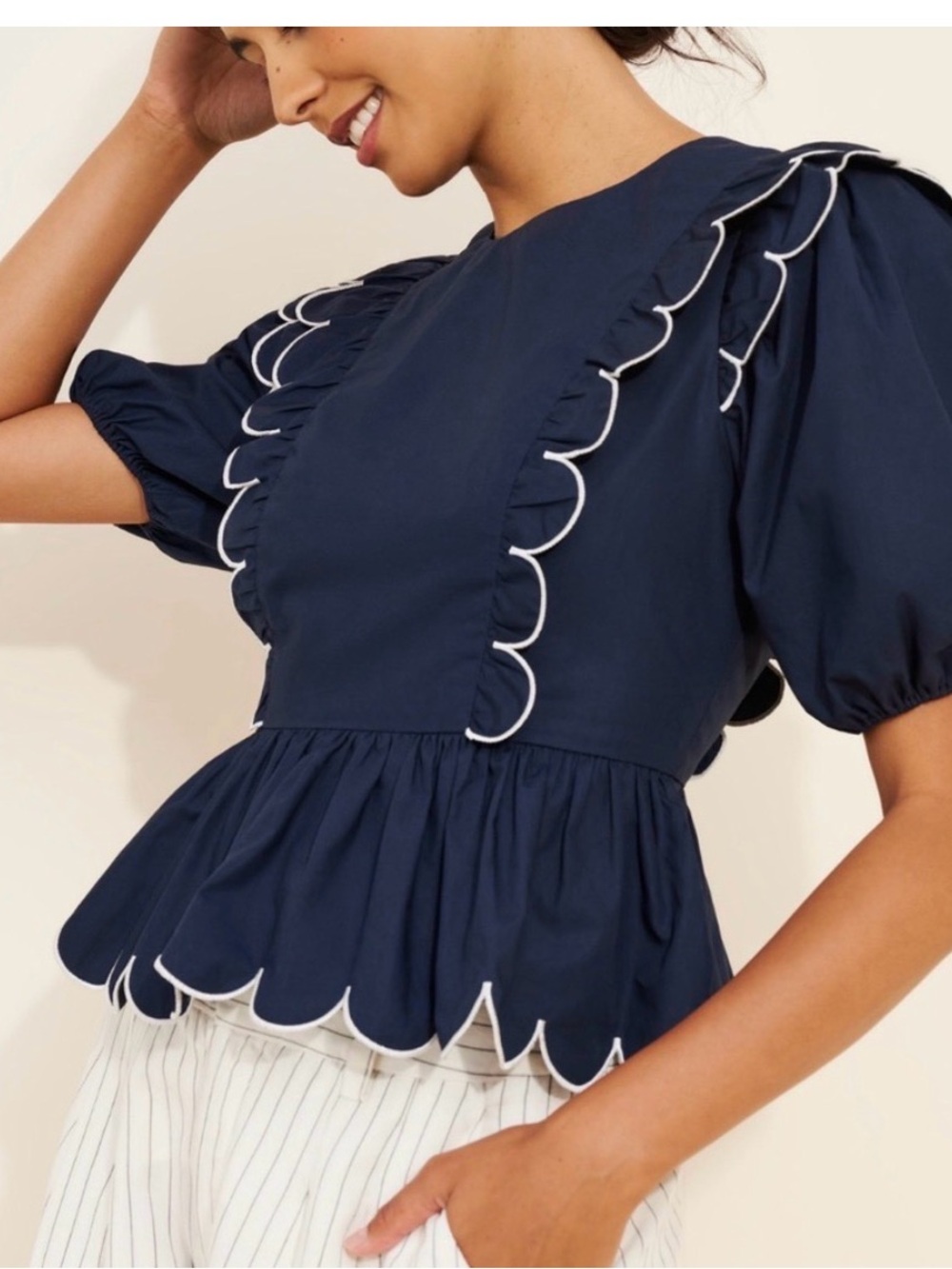 English Factory Navy Blue Scalloped Peplum Blouse Size Small